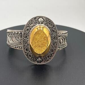 Indonesia Sterling Silver 925 Filigree Large Oval Gold Drusy Cuff Bracelet 41.5g